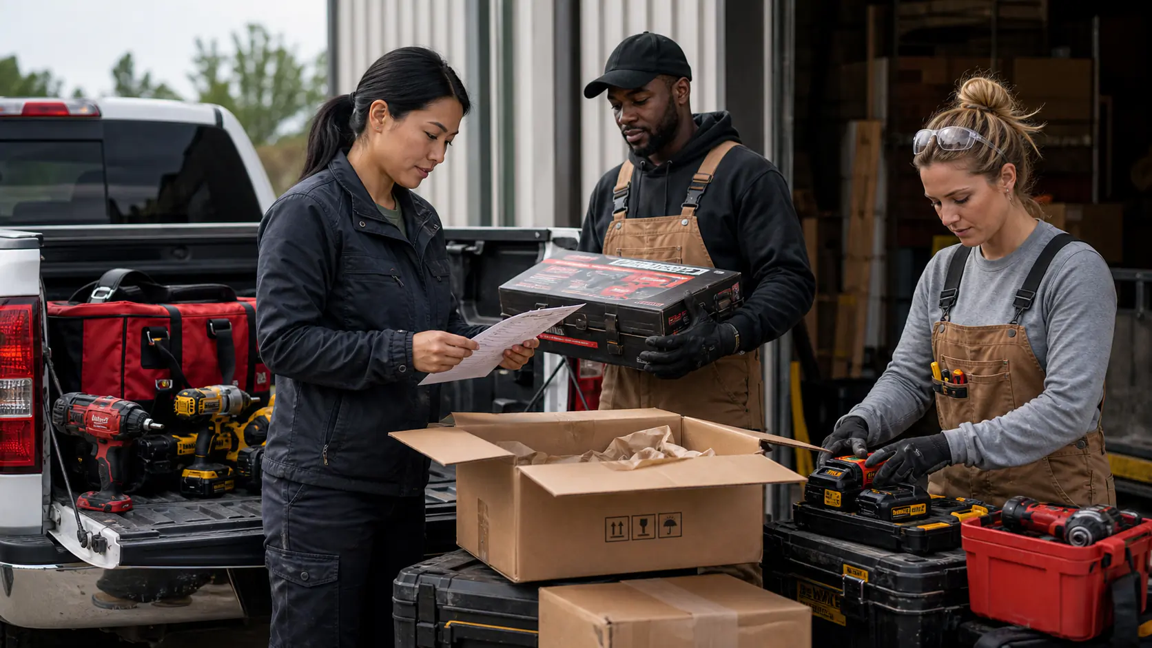 Diverse tradespeople checking a power tool order at pickup